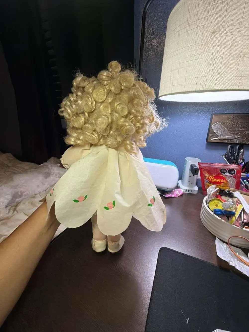 Sugar Loaf Vintage Cloth Doll Named June with Blonde Curly Hair and Floral Dress